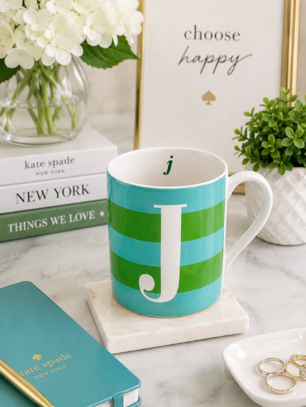 Kate Spade Lenox What's in a Name Monogram J Mug Green Blue 12oz